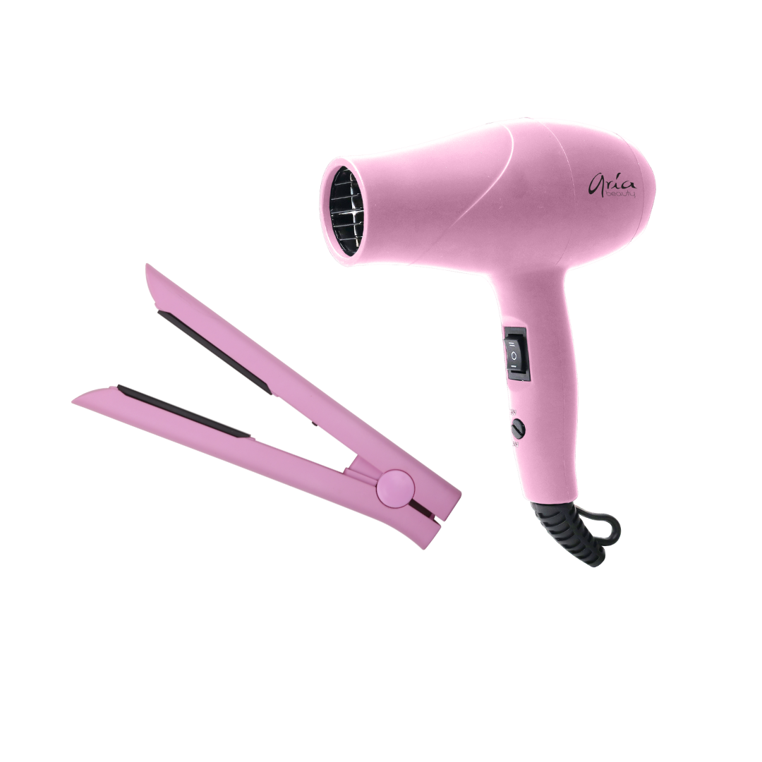Aria - Mini Blowdryer & Straightener Travel Set - Pink