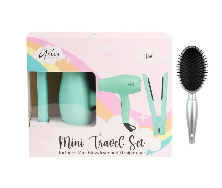 Aria Bundle - Mini Travel Set Teal + Silver Luxe Oval Detangling Brush