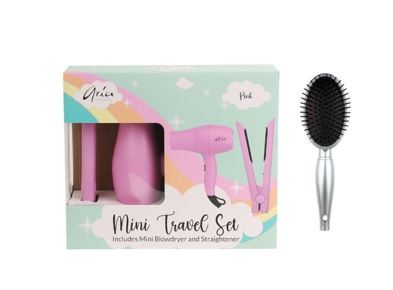 Aria Bundle - Mini Travel Set Pink + Silver Luxe Oval Detangling Brush